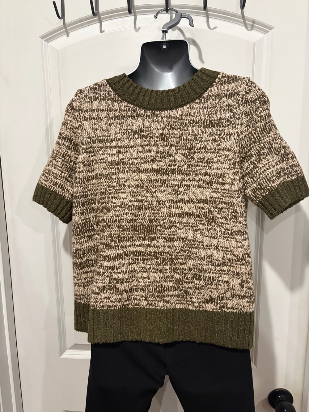 Anthropologie Olive and Cream Marled Short-Sleeve Crew Sweater